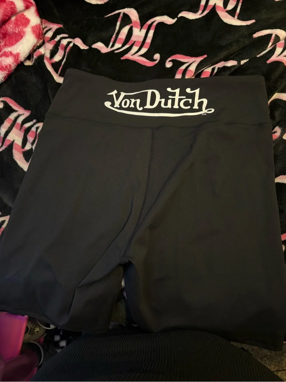 Von Dutch Black Bike Shorts with White Logo Waistband